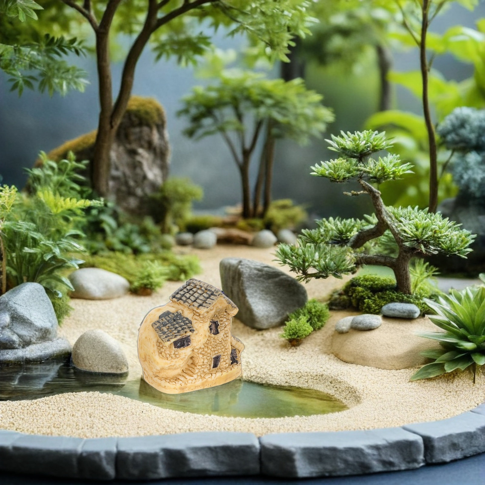 Bonsai Garden House - 4 Stück Miniatur-Harz-Feengartenhäuser, charmante Hütten-Dekorationen, rustikale