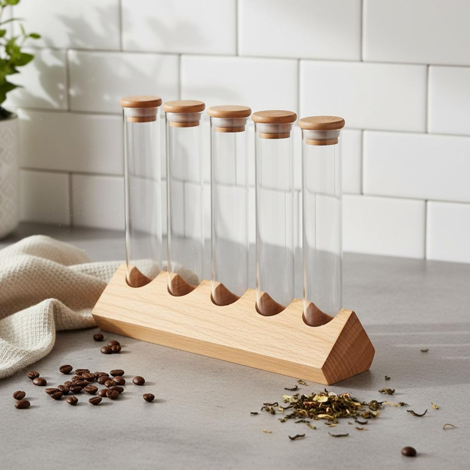 Glasröhren-Behälterset mit Hol – Display Stand Wood Bewertung und Preis
